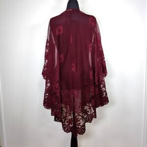 Burgundy Lace Mesh Kimono Cardigan Swim Coverup L Boho Dark Fairy